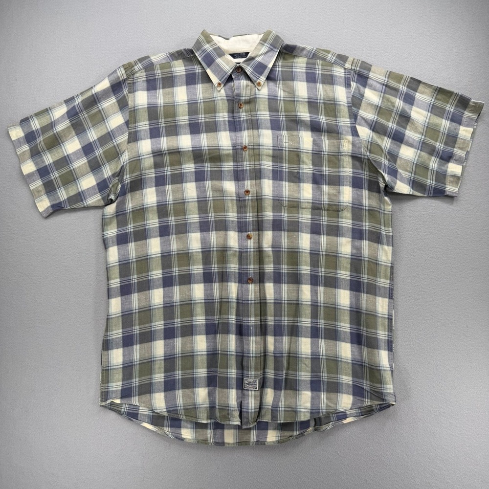 Woods & Gray LT Button Down Shirt Mens Blue Green Plaid Linen Cotton Blend